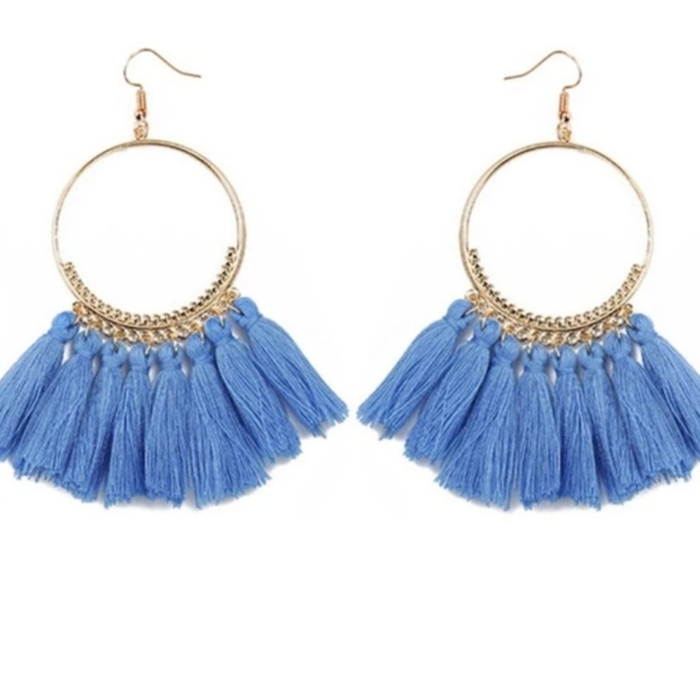 Fashion Bohemian Big Circle Tassel Earrings Blue - Picture 4 of 4
